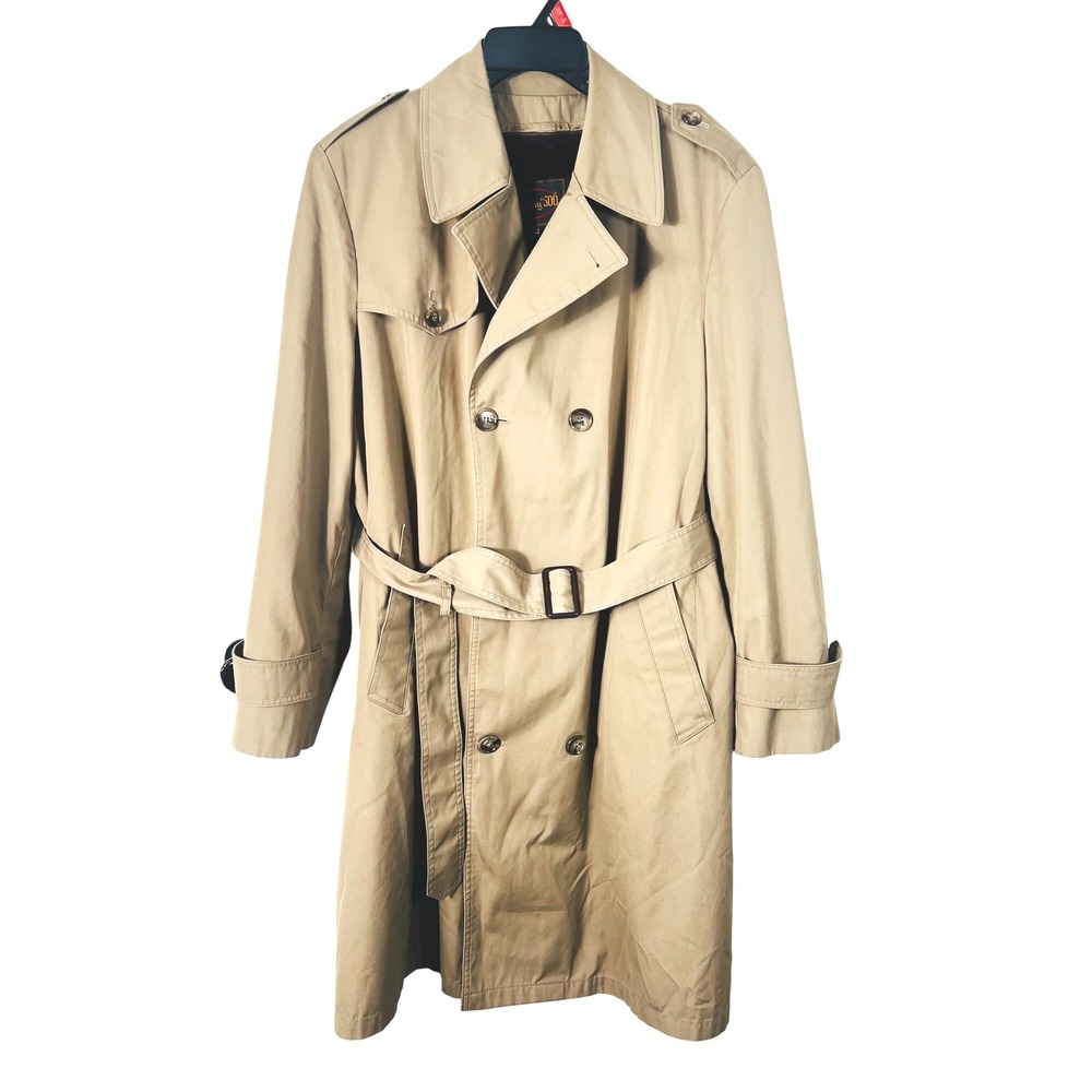 Vintage Botany 500 Khaki Double Breasted Belted Trench Coat Lined Detective 40R